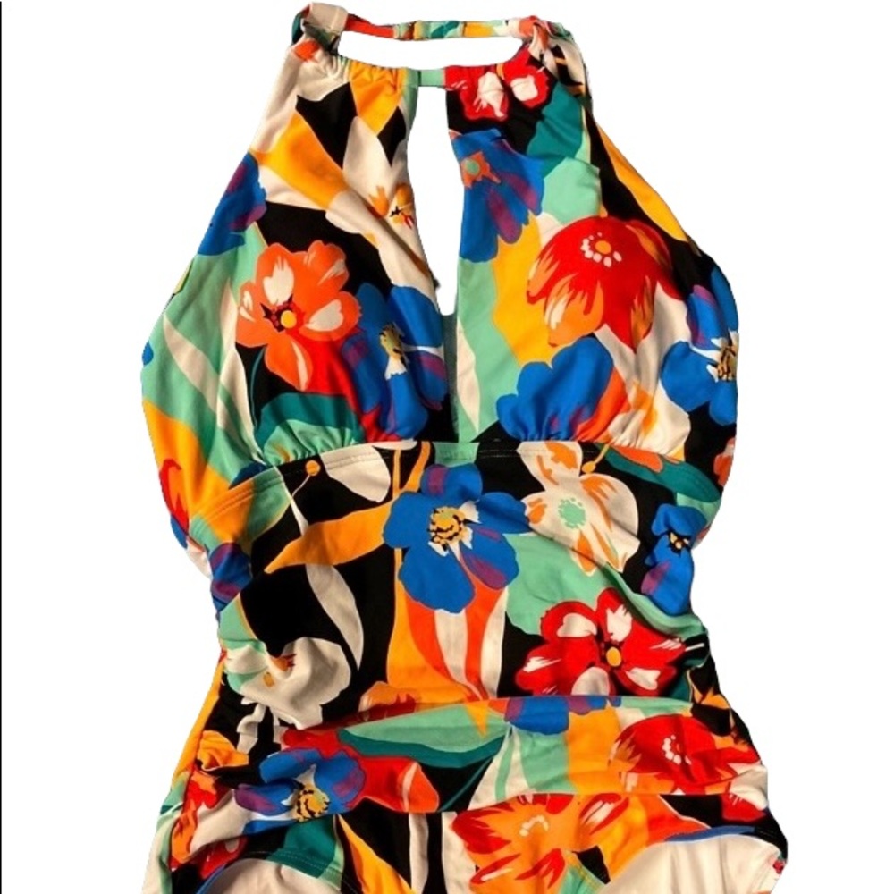 NWOT Anne Cole floral bathing suit halter top Vneck ruffled straps Size10 SUM204